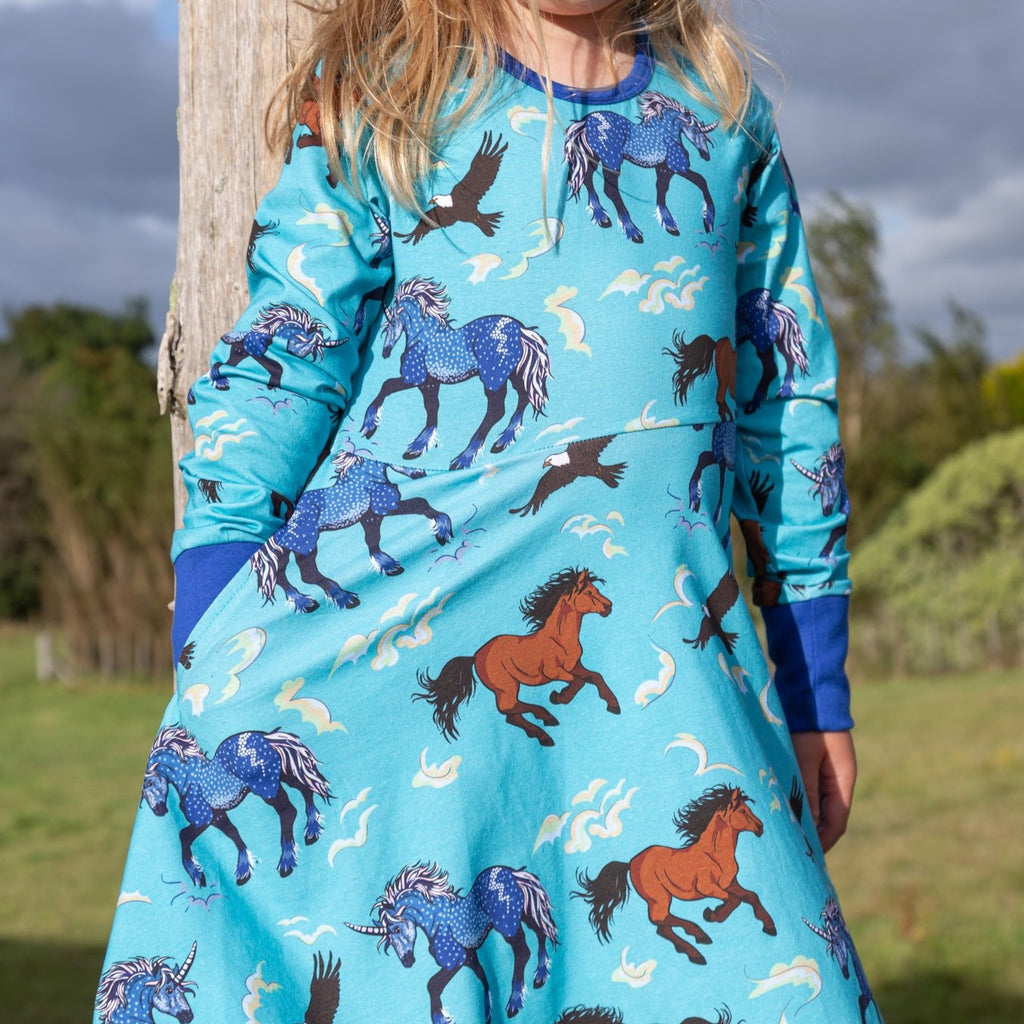 girls blue horse dress